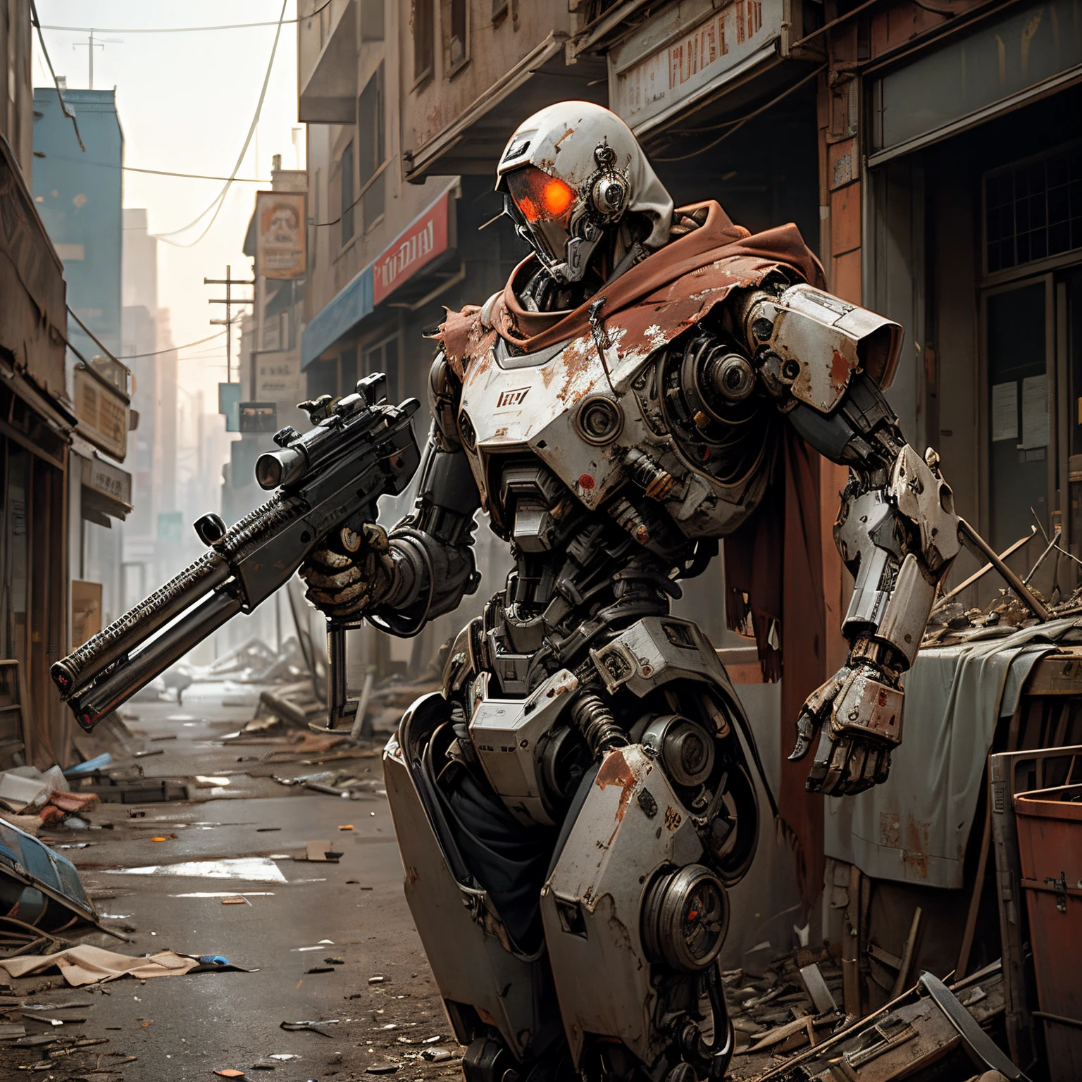 A busted up robot, assembled with scrap metal, rusted, dusty, holding a modified sniper rifle, wearing a tattered hood, flat head, very mechanical body, robotic legs, thin robotic torso, scavenger, in the street, in a abandoned city, ghost town,