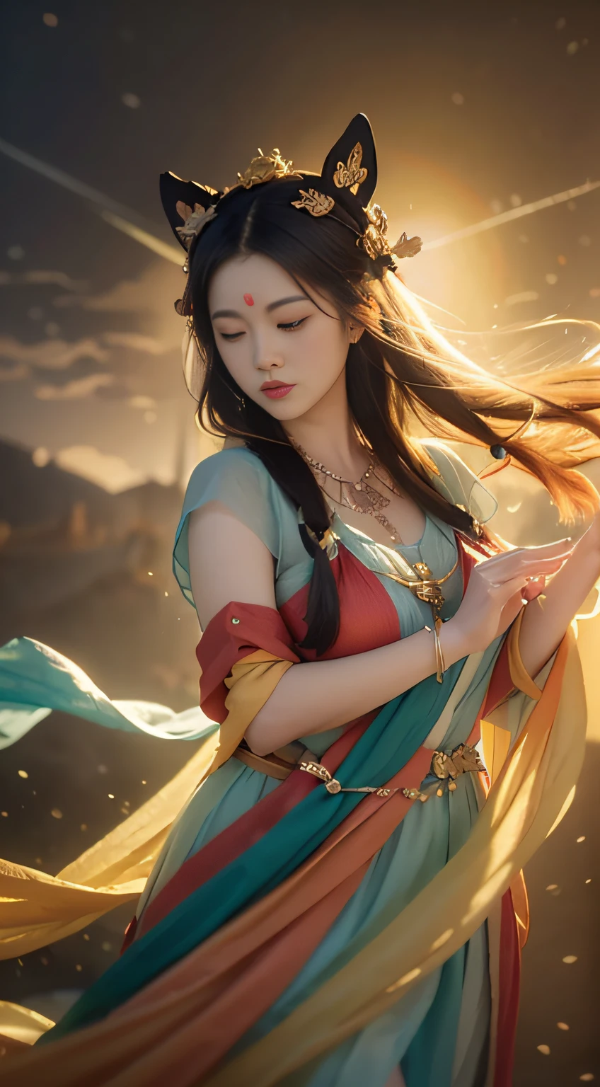 (elegant colors,Immortal light fills the air)Dunhuang flight action,(1 plump girl)Long messy hair,(dynamic angle,Dunhuang mural background,Divine Thunder)Super refined,super-detailed CG, (tmasterpiece,ultra - detailed,Best quality at best)Feel the texture of the movie,(astounding)Combined with Dutch light and dark lighting,(Excellent light and dark contrast)The splendor and sophistication of God’s colorful rays,This is the focus of this work。