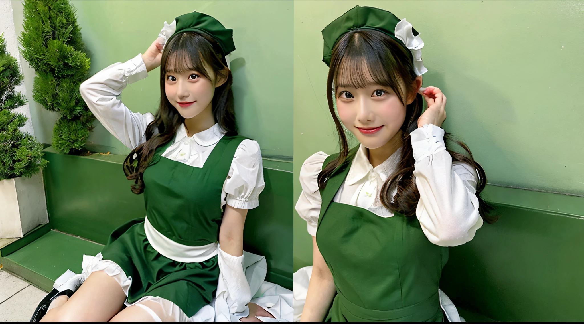 Cute 18 year old maid in a green miniskirt