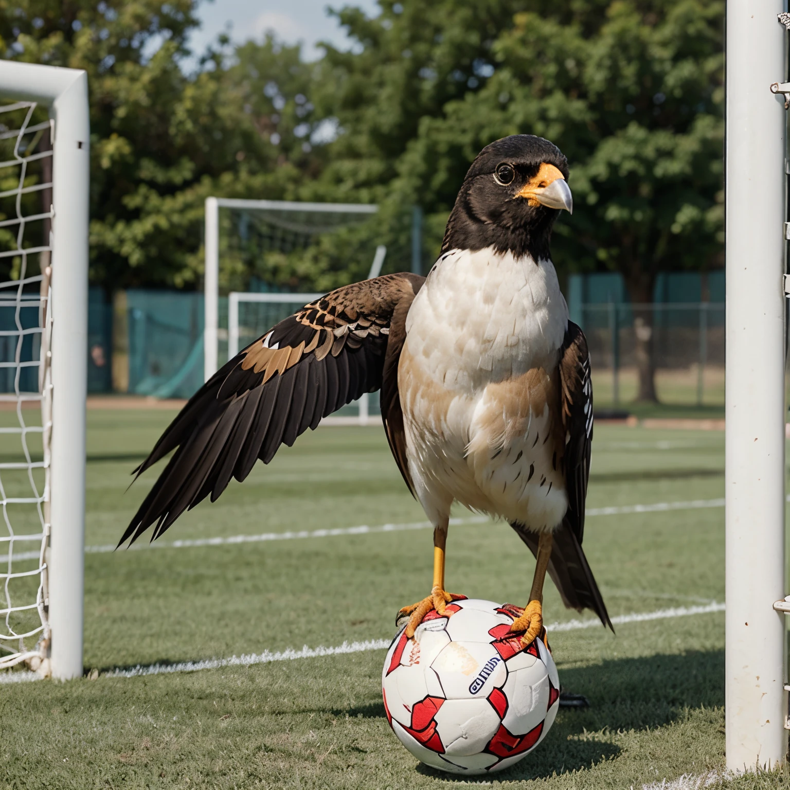 Make me a picture of a bird playing soccer