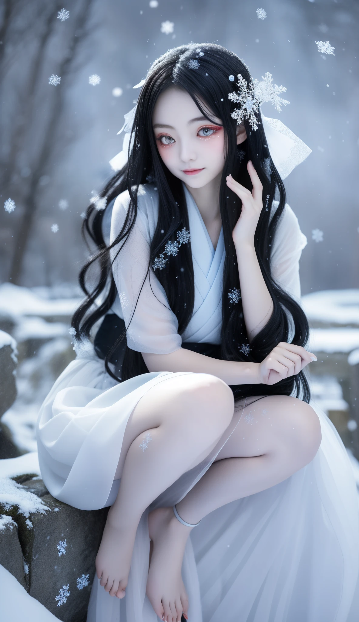 Artistic depiction of the Yuki-onna, Yuki-onna from Japanese folklore, depicted as very beautiful. Yuki-onna should look graceful and elegant, Long flowing hair and a kimono that blends into the snowy landscape. her skin should be pale, almost translucent, And her facial features are supposed to embody classic Japanese beauty.. The setting should be snow, serene landscape, Maybe snowflakes are falling、may be slightly affected, icy atmosphere. The video expresses the charm and mysterious charm of the Yuki-onna.。, Highlight her beauty and winter atmosphere.