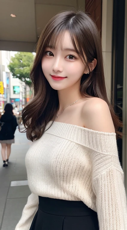 masutepiece, Best Quality, Illustration, Ultra-detailed, finely detail, hight resolution, 8K Wallpaper, Perfect dynamic composition, Beautiful detailed eyes, Women&#39;s Fashion Off Shoulder Knit Long Sleeves and Flare Skirt,Medium Hair,Small breasts natural color lip, Bold sexy poses,Smile,Harajuku、20 years girl、Cute、Sexy shot looking at camera,Raw photo