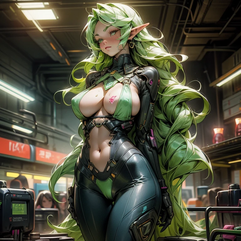 cyberpunk women、Emerald green long hair、elvish、（Micro Bikini Swimsuit）、（neon light line decoration）、（Huge breasts :50.1 ）、（gigantic cleavage breasts）、Slim abs、（Navel exposed）（Cameltoe）Topless woman