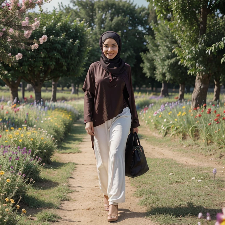 A beautiful girl with a face typical of the beauty of a Caucasus woman wearing a hijab dressed attractively and gracefully covering her body walking in a beautiful flower plantation while smiling looking all