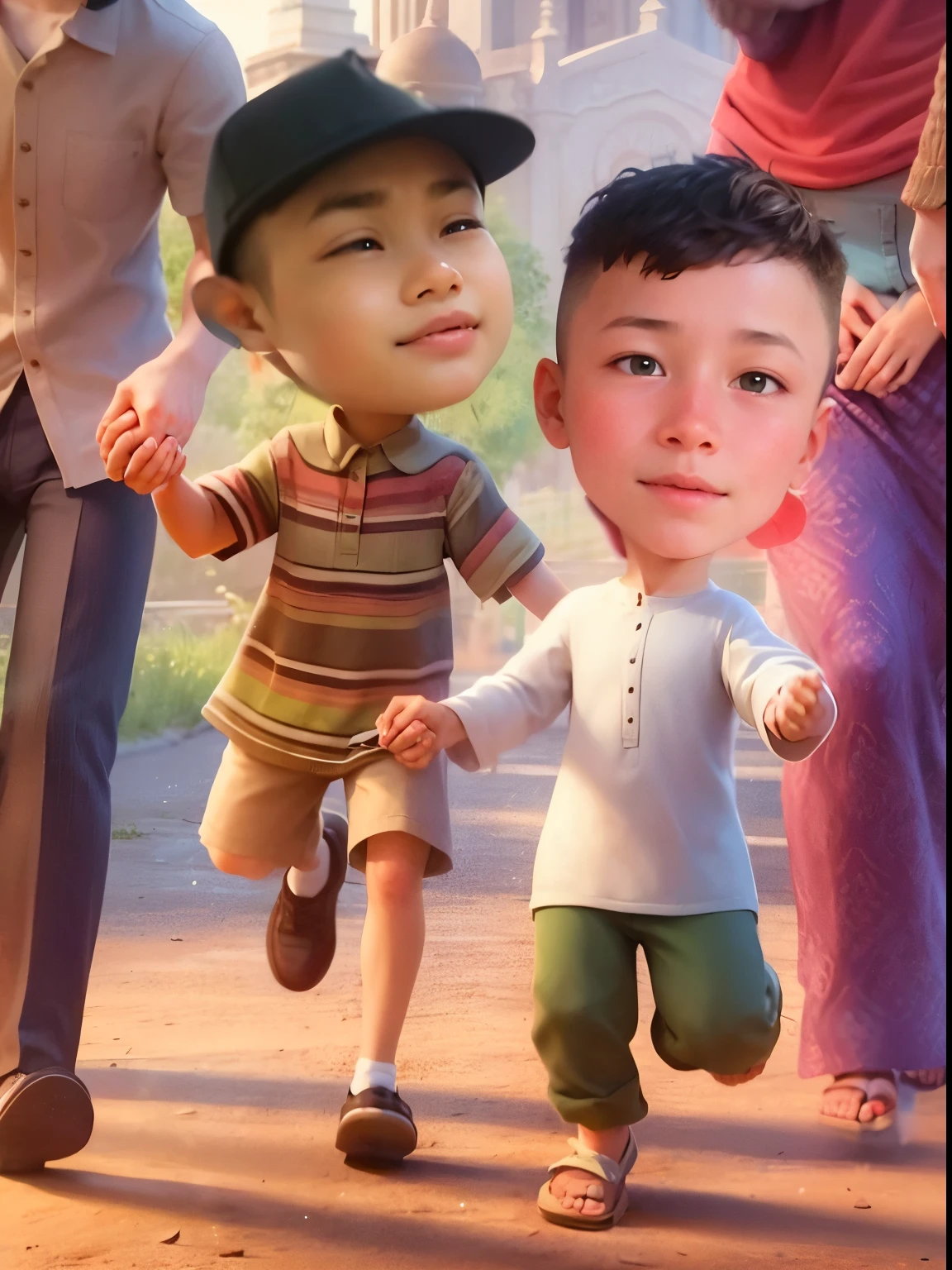 Two 10 year old boys ran holding their parents' hands, very happy