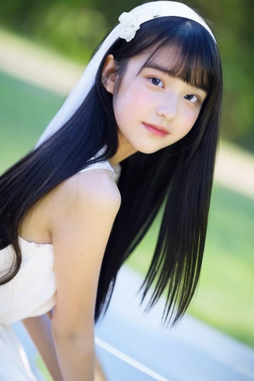 Long black hair, , droopy eyes, fair skin, cute idol