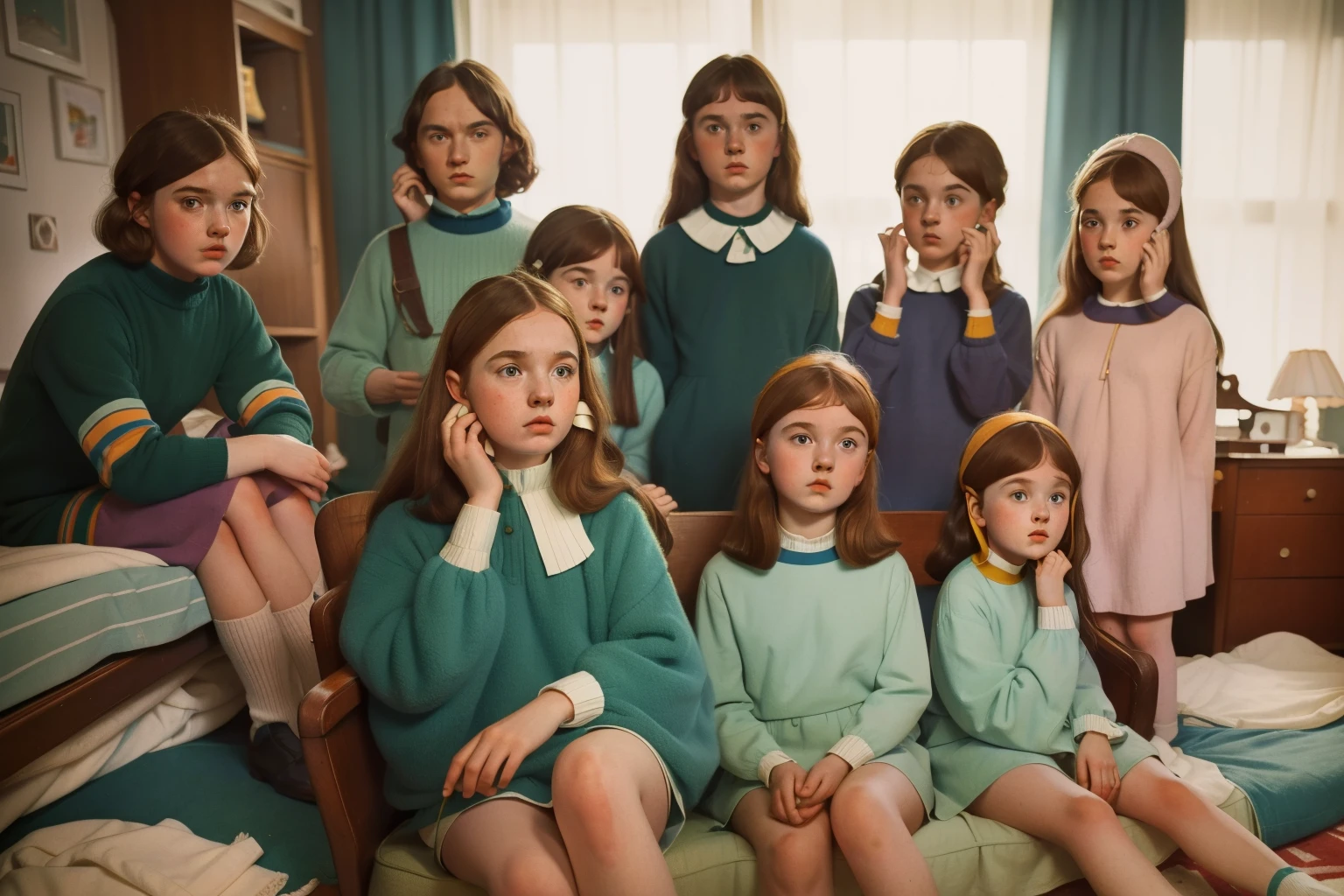 1967, England. ((wide view)). Pre-raphaelite -yeld nogian-irish girl, hiding in a messy room, five siblings, boys and girls, (((scared))), covering their ears ((((casual clothing from the 1960s)))), ((Hairstyle of the 1960s)), ((Wes Anderson cinematic style)), colorful