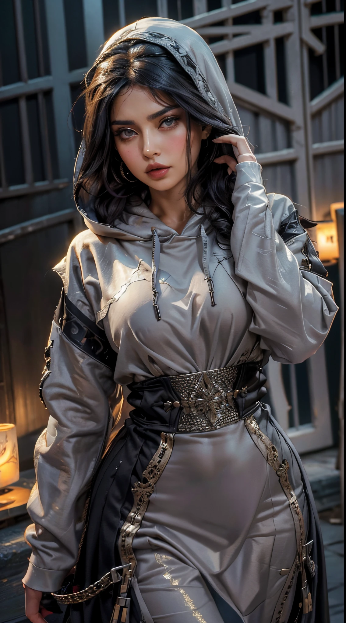 1 woman, mature arabian woman, 25 years old, solo focus, dark hair, braided hair, grey eyes, medium breasts, fit body, multi layered clothes with hood, masterpiece, ultra HD, raw photos, detailed skin textures, detailed face, detailed hair, perfect hands, dynamic angle, dynamic poses