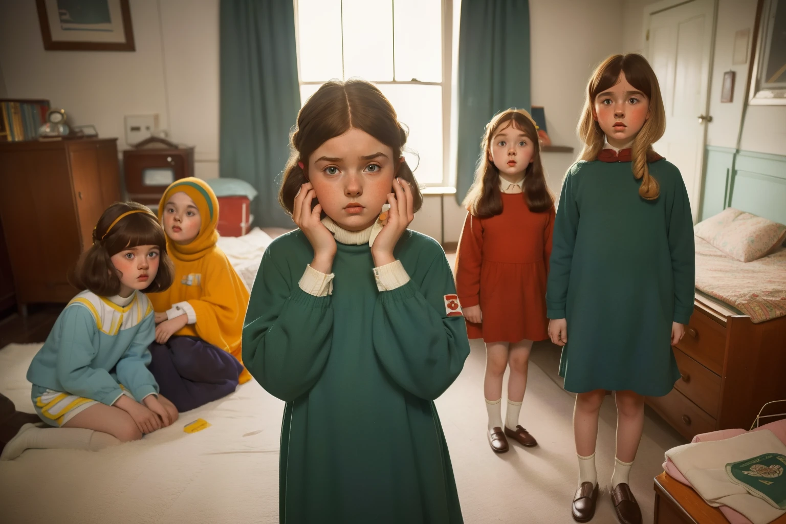 1967, England. ((wide view)). Pre-raphaelite 11-year-old norwegian-irish girl, hiding in a messy room, siblings, boys and girls, (((scared))), covering their ears ((((casual clothing from the 1960s)))), ((Hairstyle of the 1960s)), ((Wes Anderson cinematic style)), colorful