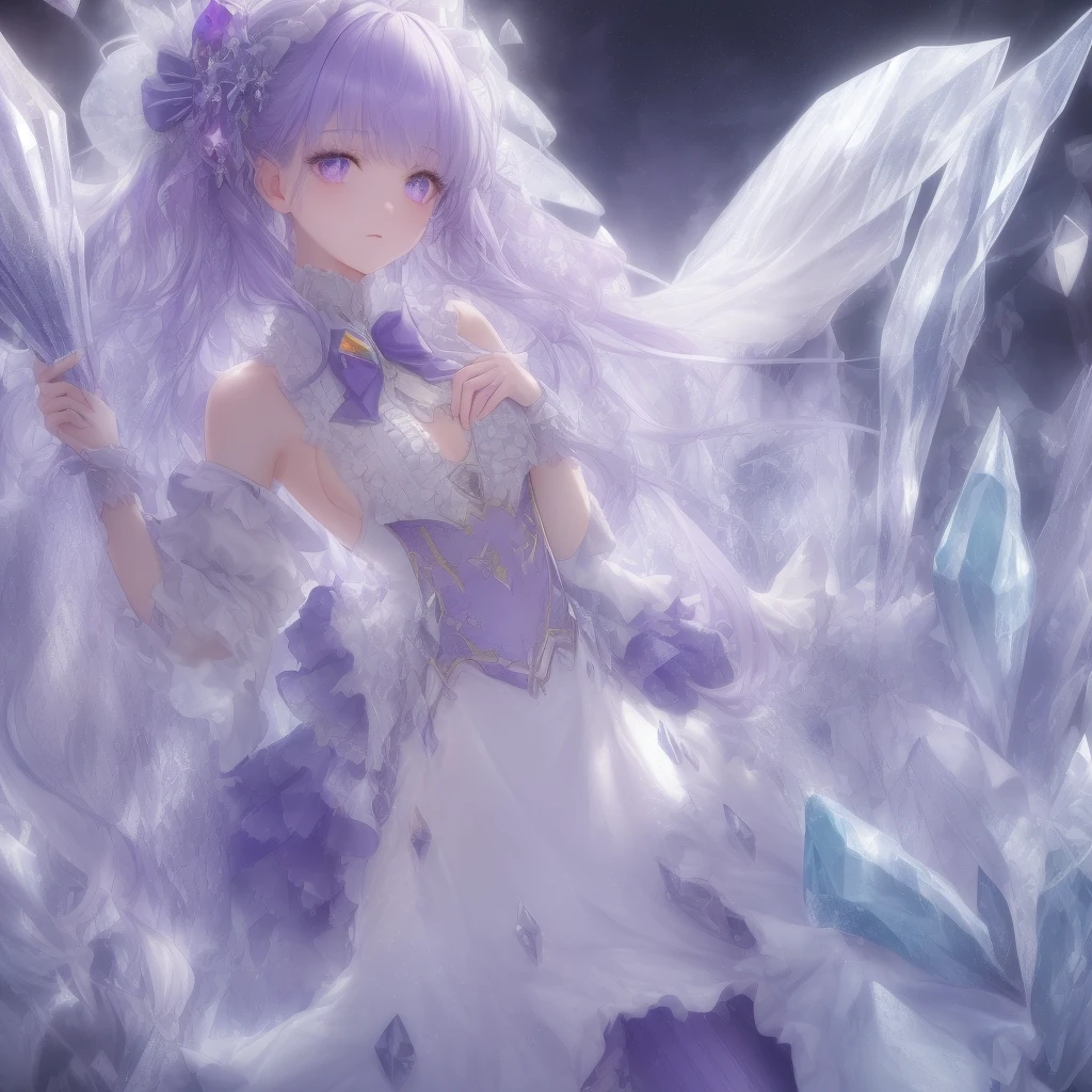 (((crystals texture Hair)))，{{{{{extremely detailed CG}}}}},{{8k_wallpaper}},{{{{Crystalline purple gemstone gloves}}}},((beautiful detailed Glass hair)),((Glass shaped texture hand)),((Crystallize texture body)),Gem body,Hands as clear as jewels,Crystallization of clothes,((crystals texture skin)),sparkle, lens flare, light leaks, Broken glass，{{{{Detailed Glass shaped clothes}}}}， ((masterpiece)), (((best quality))), ((ultra-detailed)), ((illustration)), ((disheveled hair)), ((frills)), (1 girl), (solo), dynamic angle, big top sleeves, floating, beautiful detailed gemstone sky, gemstone sea, beautiful detailed eyes, overexposure, side blunt bangs, hairs between eyes, ribbons, bowties, buttons, bare shoulders, (((small breast))), pleated skirt, crystals texture flowers， ((Detailed crystallized clothing)),(gemstone of body)，solo focus