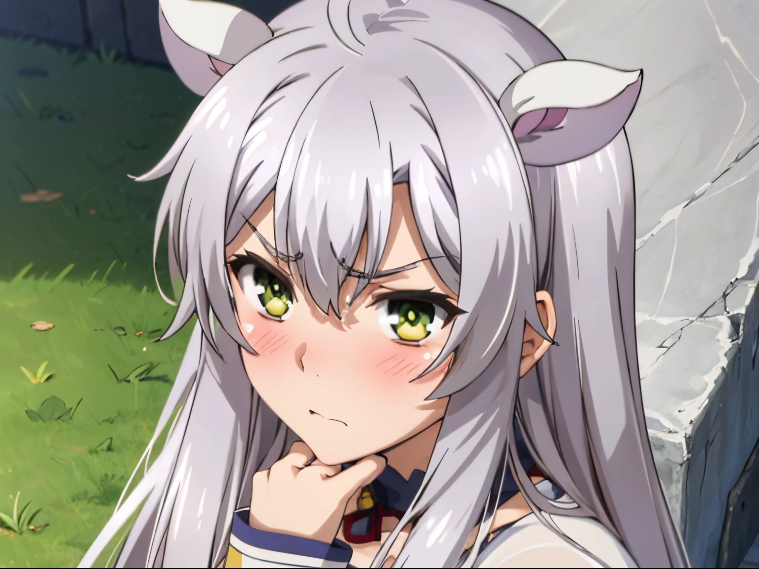 (super high resolution), 1girl, silver hair, green eyes, cat ears, solo, intensive blushes, watery eyes, mad expression, crossing arms,