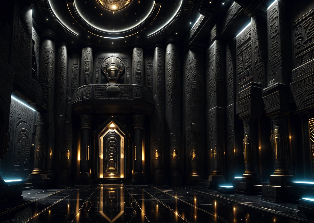 incredible black luxurious futuristic interior in Ancient Egyptian style with lotus flowers, palm trees, hieroglyphics, rocky walls, sand, marble, precious minerals, metals, gemstones, crystals, clouds and water, crocodiles, ultra luxury, black marble – with beautiful lights, Unreal Engine, HQ, 16k