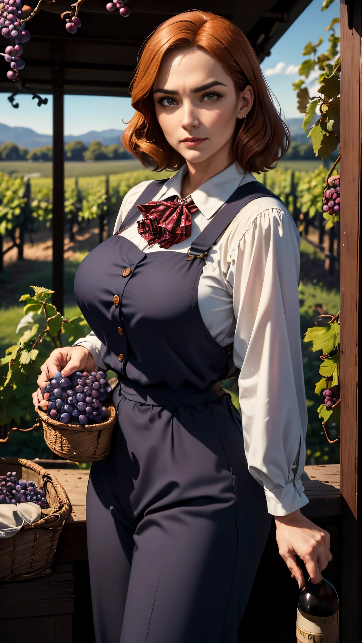 a picture of (1 woman), a 40-year- old Scottish woman, 1940s period piece, world war 2 style,  high-rise working trousers, suspenders, red gingham shirt, (((picking grapes in a vineyard))), cinematic, UHD, masterpiece, anatomically correct, textured skin, natural blemishes , wrinkles,super detail, high quality, best quality, award winning, highres, 16k, HD,