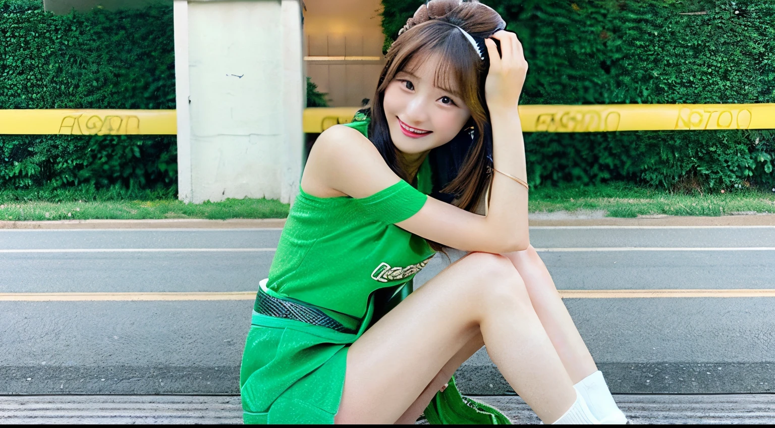 Cute race queen 18 years old wearing a green miniskirt