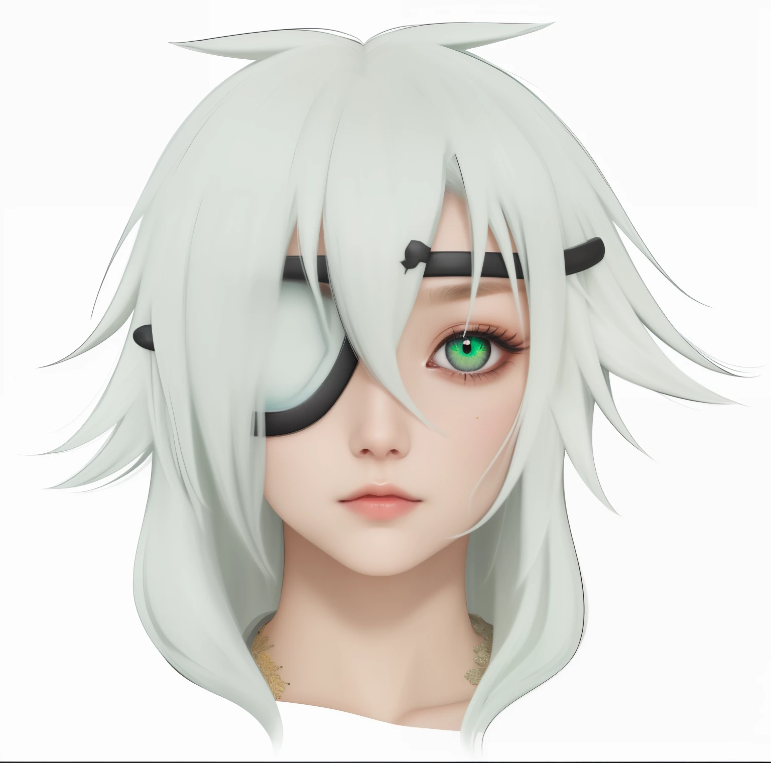 Haselnussbraune Augen, Augenfalte am rechten Auge, Junge, tan skin, Indonesisch, Piercings an der Augenbraue und am Hals, greenish-white hair