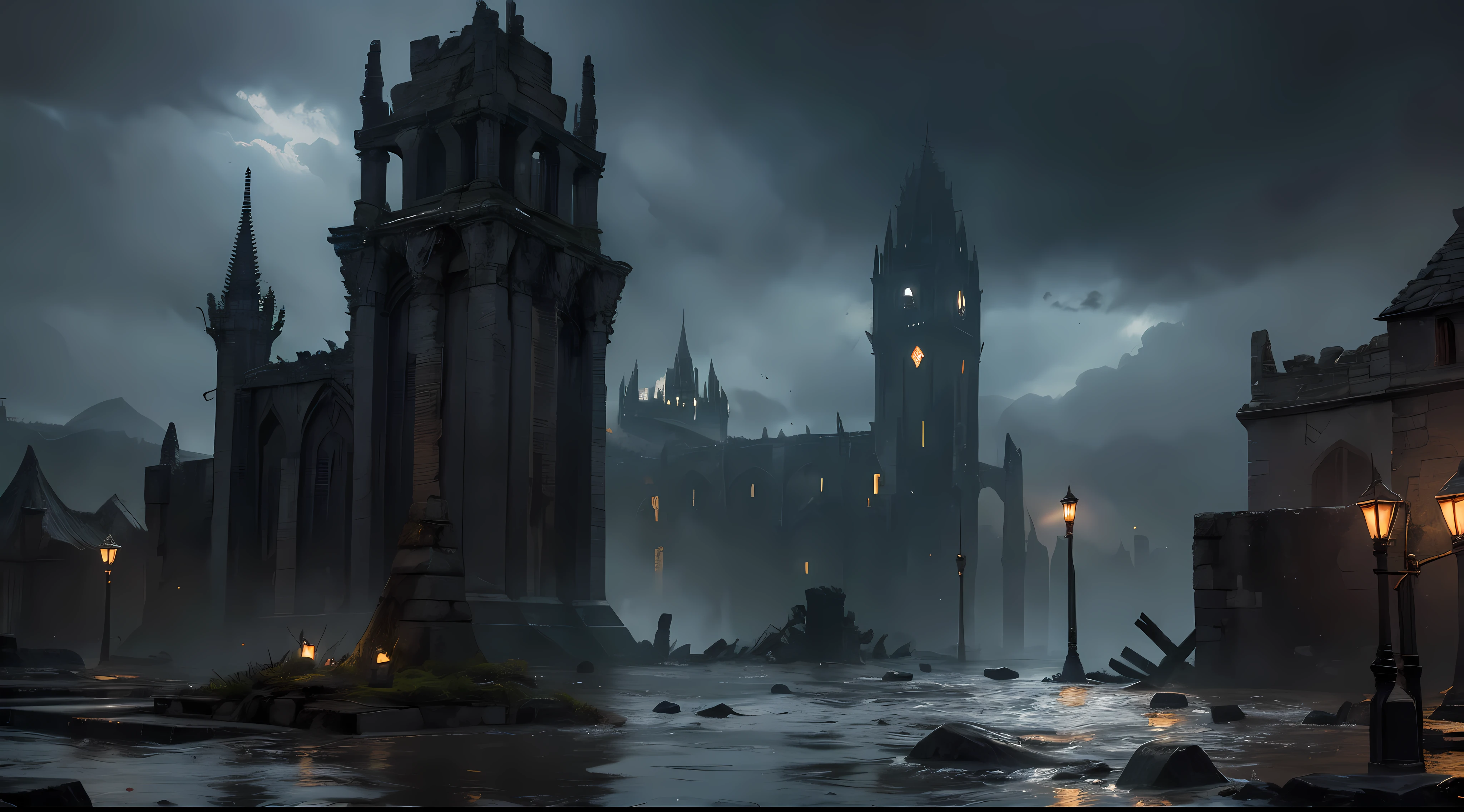 (Dunkle Fantasie)
Ahnenruinen einer mittelalterlichen Stadt im Regen. es'Eine riesige Flut. Destroyed fantasy harbor.
der Himmel ist schwarz. Es ist Nacht. Nocturne. Chove. Chuva tempestuosa. Calamidade. Krieg. Qual. Dunkle Farben. Die Dunkelheit der Hoffnungslosigkeit. Every feeling is sadness.