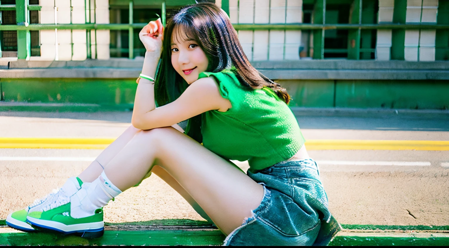 Cute race queen 18 years old wearing a green miniskirt