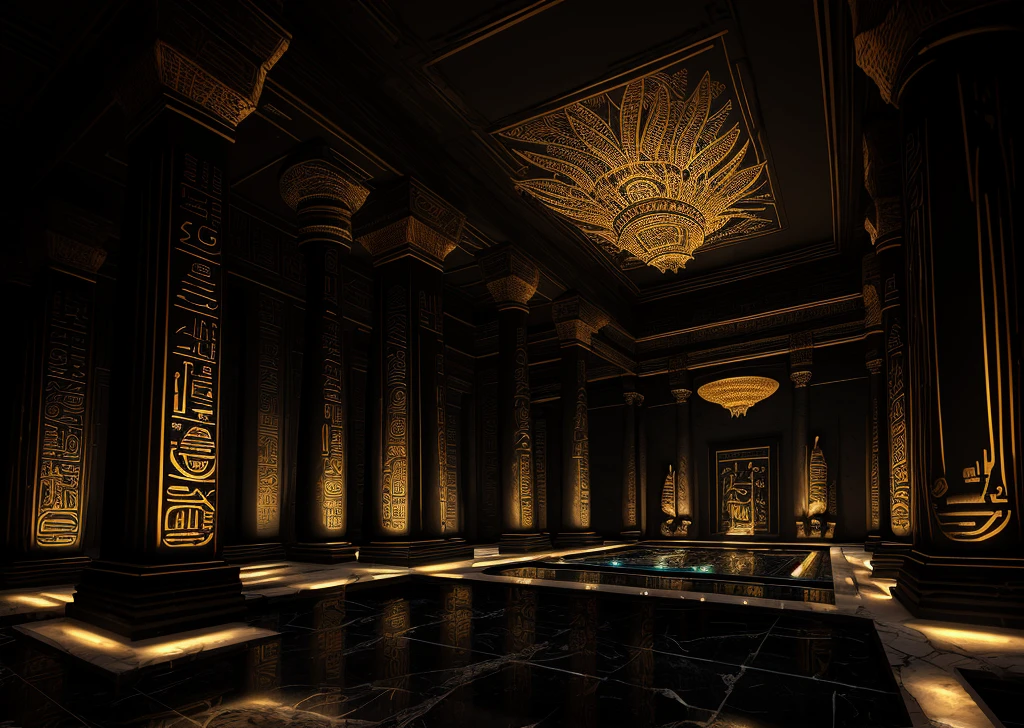 incredible black luxurious futuristic interior in Ancient Egyptian style with lotus flowers, palm trees, hieroglyphics, rocky walls, sand, marble, precious minerals, metals, gemstones, crystals, clouds and water, crocodiles, ultra luxury, black marble – with beautiful lights, Unreal Engine, HQ, 16k