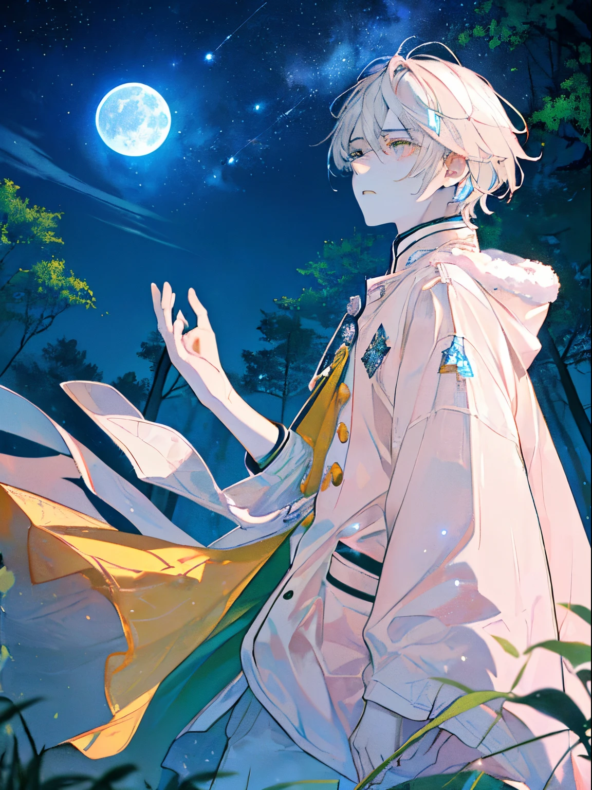 ((A starry sky filled with clear winter air)),(Moon Night),((A forest with fantastic lights)),(wearing a warm white winter coat),((Dark hair)),(Shorthair),((standing with hands in pockets of clothes)),((Looking up at the sky)),(Gaze up),((Light pink eyes)),((my eyes shine in the light)),((yellow and green and pink and orange and blue)),((The exhaled breath is white)),((View from directly below)),(Sad face),(((Adult male))),