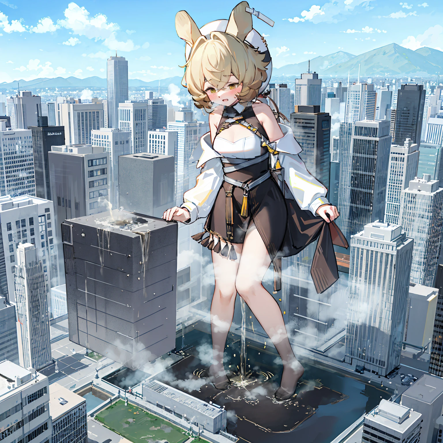 NSFW，​​{A giantess}，{1个Giant Breast Girl}，{are standing}，{urine discharge}​​，cloud， looking over city， mountain ranges， tmasterpiece, Best quality, The content is very detailed,tmasterpiece,Best quality,offcial art,extremely detaild的 CG unified 8k wallpapers，{{{A giantess}}}，Huge girl，1 girl，modern miniature city，pissing，Pee everywhere，No shoes，{blackstockings}，Be red in the face，comfortable expressions，pissing，urine，Produce urine，Urine eruption，Urine gives off steam，{Pee while standing on a modern miniature city}，The city is full of urine