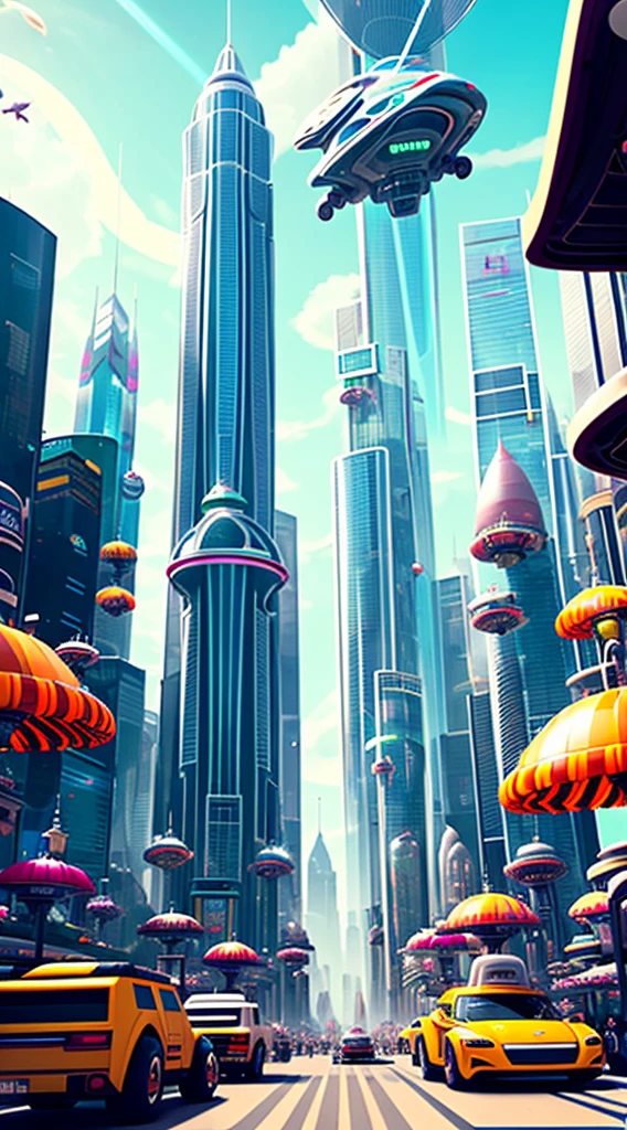 A bustling futuristic cityscape with floating skyscrapers and hovercars zooming between them. In the center of the city is a massive outdoor marketplace, filled with colorful stalls selling a wide variety of bizarre alien goods. The overall tone is lighthearted and whimsical, by Justin Maller