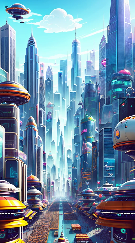 A bustling futuristic cityscape with floating skyscrapers and hovercars zooming between them. In the center of the city is a massive outdoor marketplace, filled with colorful stalls selling a wide variety of bizarre alien goods. The overall tone is lighthearted and whimsical, by Justin Maller