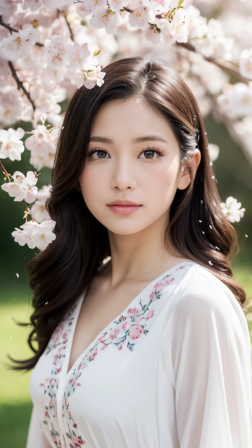 (A logo、​masterpiece、8K、masutepiece、Raw photo、Fantastic、Best Quality、Photorealistic、extremely detailed CG unified 8k wallpaper、hightquality、ighly detailed、epic poem、Particle effect、Dynamic effects、depth of fields、Cinematic Light、Lens Flare、Ray tracing)、Fantasia、 (Beauty 1 person、White Japanese Clothing、Japanese dress、White cherry blossom pattern、White cherry blossom embroidery pattern、A dark-haired、Beautiful face、Real Face、Beautiful detail eyes、Beautiful skin)、Hair flutters in the wind、Hair jumps、Pink cherry blossom tree、Petals flutter、Sakura blizzard、Superb view、morning glow、Sun in the background、the wind、Deities、tusk、myth、Vast Land、