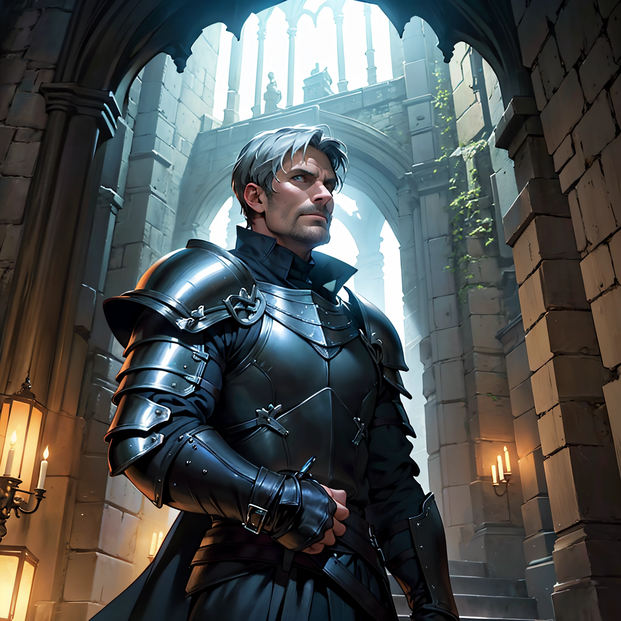 masterpiece,Best Quality, detailed,Close-up of a person'Upper body body, 4k, Cinematics, Background with:Stairs inside a dark cave inside a medieval castle, A knight wearing black bat-shaped armor(Mads Mikkelsen),
