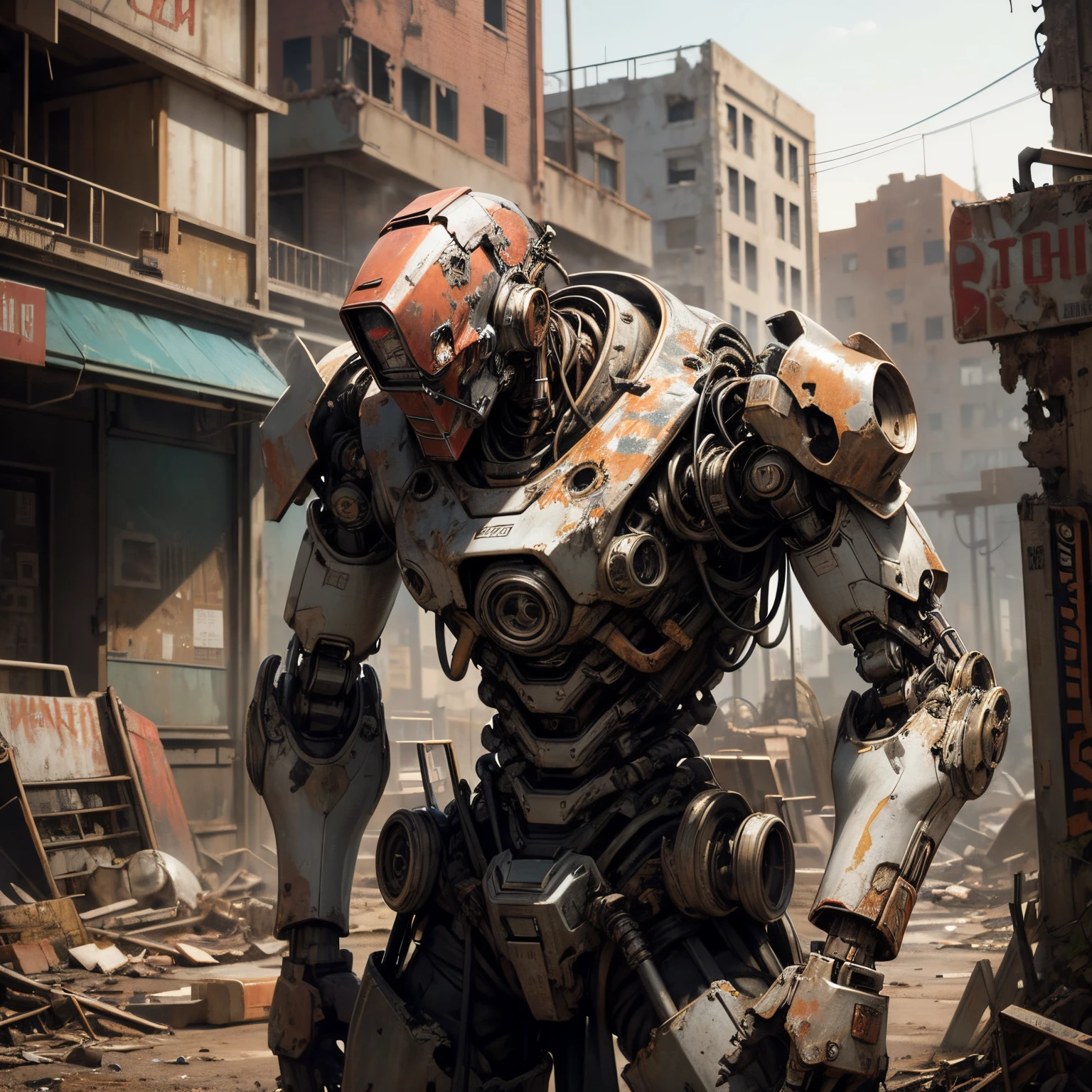 A busted up robot, assembled with scrap metal, rusted, dusty, holding a rusty metal club, wearing tattered clothes, flat head, very mechanical body, robotic legs, thin robotic torso, scavenger, in the street, in a abandoned city, ghost town,