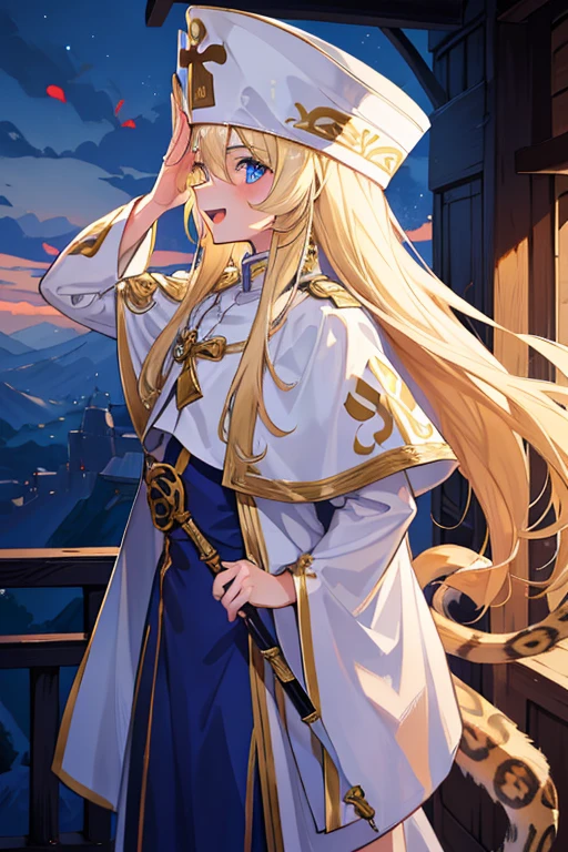 cinematic lighting, 8K, masterpiece, 1 girl, (tail:1.3),(tail : leopard), blonde hair, long hair, blue eyes, (white priest clothes:1.2), tall hats, holding wand, standing, open mouth, smile, salute, scenery, from side, look at viewer