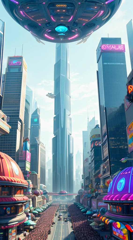 A bustling futuristic cityscape with floating skyscrapers and hovercars zooming between them. In the center of the city is a massive outdoor marketplace, filled with colorful stalls selling a wide variety of bizarre alien goods. The overall tone is lighthearted and whimsical, by Justin Maller