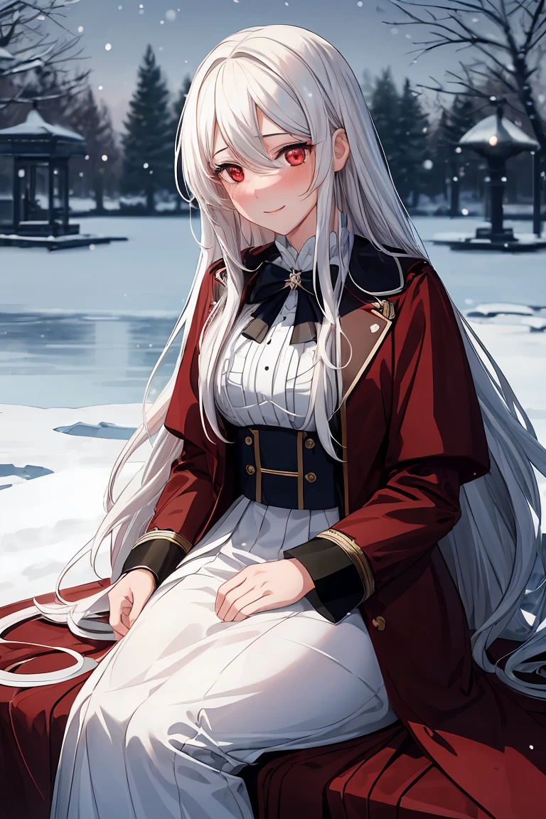 (shoujo-style:1.2), romance manhwa, (masterpiece, best quality, ultra detailed:1.4), realistic, 1girl, white_hair, blush, long_hair, looking_at_viewer, smile, swept_bangs, very_long_hair, (red_eyes:1.2), glowing skin, from_below, high contrast, hair between eyes, long coat
sitting by a lake
detailled background, snow, snowfall, ssnowflakes, ice, colds, trees, lantern, at night
mature female, milf, motherly