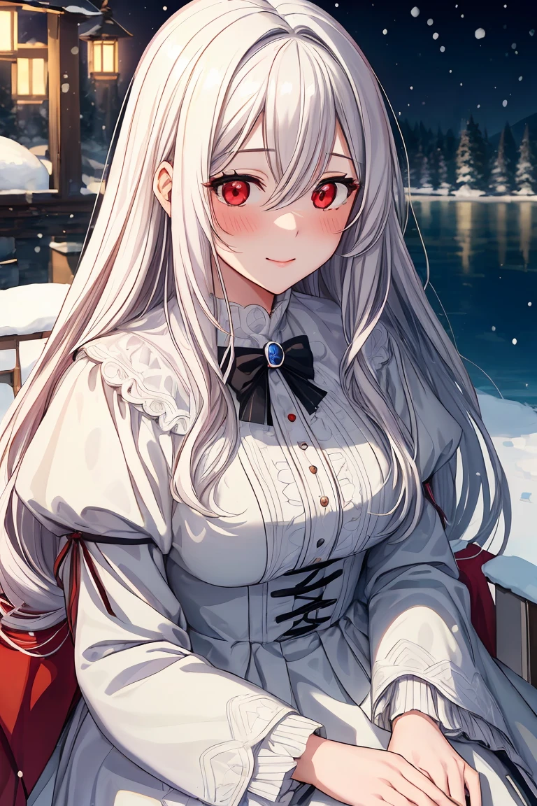 (shoujo-style:1.2), romance manhwa, (masterpiece, best quality, ultra detailed:1.4), realistic, 1girl, white_hair, blush, long_hair, looking_at_viewer, smile, swept_bangs, very_long_hair, (red_eyes:1.2), glowing skin, from_below, high contrast, hair between eyes, long coat
sitting by a lake
detailled background, snow, snowfall, ssnowflakes, ice, colds, trees, lantern, at night
mature female, milf, motherly