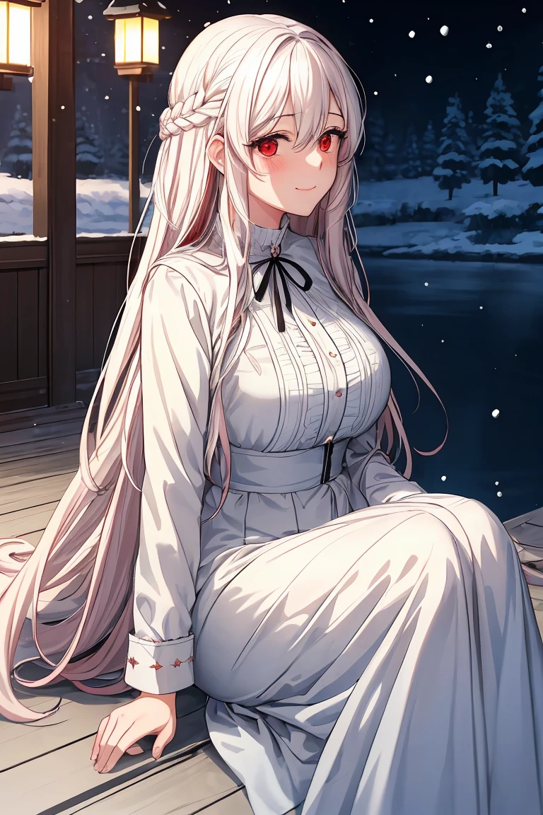(shoujo-style:1.2), romance manhwa, (masterpiece, best quality, ultra detailed:1.4), realistic, 1girl, white_hair, blush, long_hair, looking_at_viewer, smile, swept_bangs, very_long_hair, (red_eyes:1.2), glowing skin, from_below, high contrast, hair between eyes, long coat
sitting by a lake
detailled background, snow, snowfall, ssnowflakes, ice, colds, trees, lantern, at night
mature female, milf, motherly