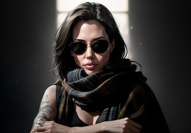 Angelina Jolie Dark photo: With body covered, sitting next to an old man, realistic epic, halo portrait, sunglasses, blue eyes, plaid scarf, white hair by Atey Ghailan, by Greg Rutkowski, by Greg Tocchini, by James Gilleard, by Joe Fenton, by Kaethe Butcher, yellow gradient, black, brown and magenta color scheme, grunge aesthetics!!! Graffiti brand wall background, art by Greg Rutkowski and Artgerm, soft cinematic light, Adobe Lightroom, Photo Lab, HDR, intricate, highly detailed, (depth of field: 1.4), faded, (neutral colors: 1.2), (HDR: 1.4), (soft colors:1.2), hyperdetailed, (Artstation:1.4), cinematic, warm lights, dramatic light, (intricate details:1.1), complex background, (Rutkowski:0.66), (blue and orange:0.4)