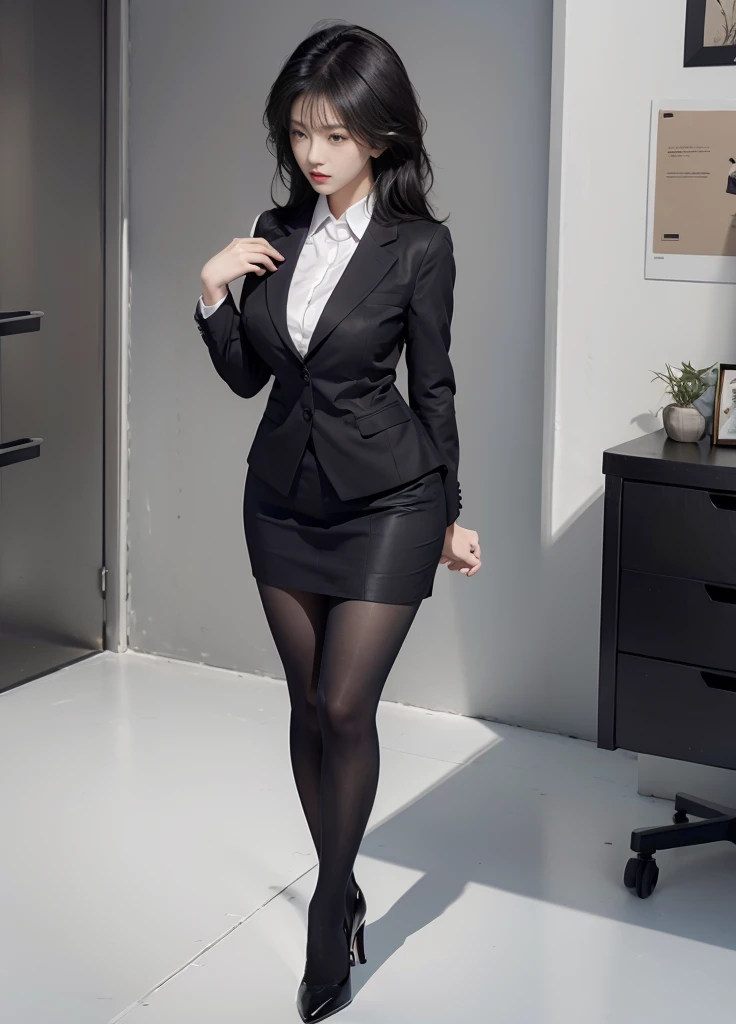 Policewoman,Professional uniforms,white shirt,Black hip skirt,black heels,100D black hip socks,black lence stockings,black pantyhoses,Thick black stockings,huge tit,Cocked buttocks,Super detail,hyper HD,A high resolution,1080p,Anatomically correct,ccurate,Physical coordination,Photo portrait,Delicatemakeup,slender thigh,Best quality, Masterpiece, 超A high resolution, RAW photo, Beautiful and aesthetic,deepshadow, (Photorealistic:1.4), full-body composition, Striking perspective,naked