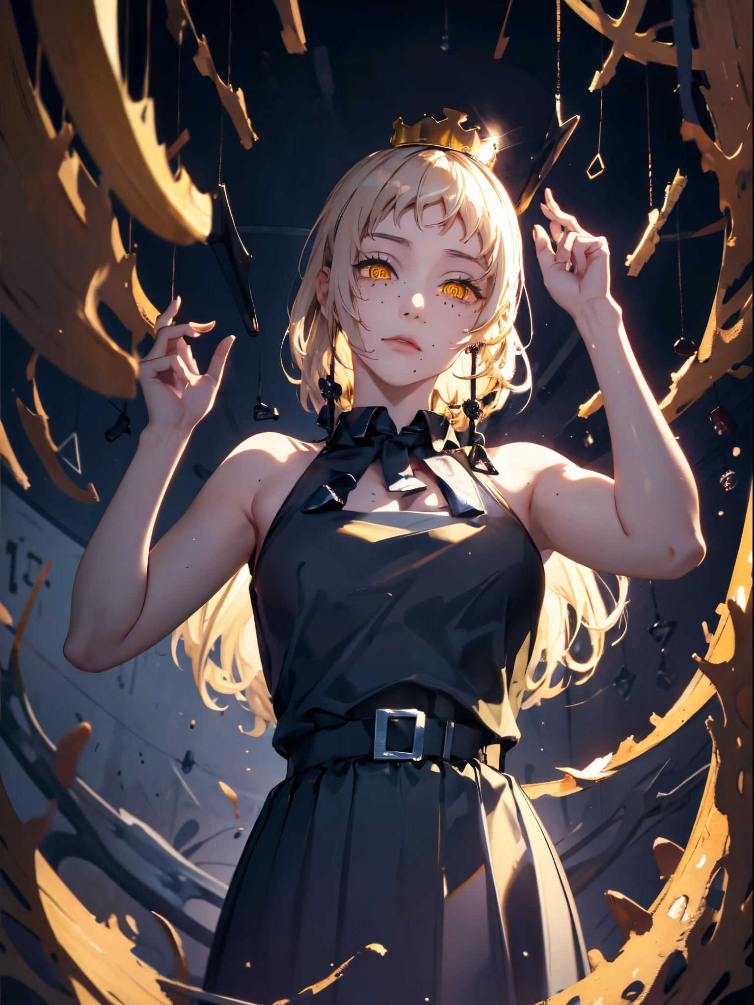 best quality, masterpiece, 1girl, yellow eyes, big yellow crown, crown, queen, black dress, shoulders