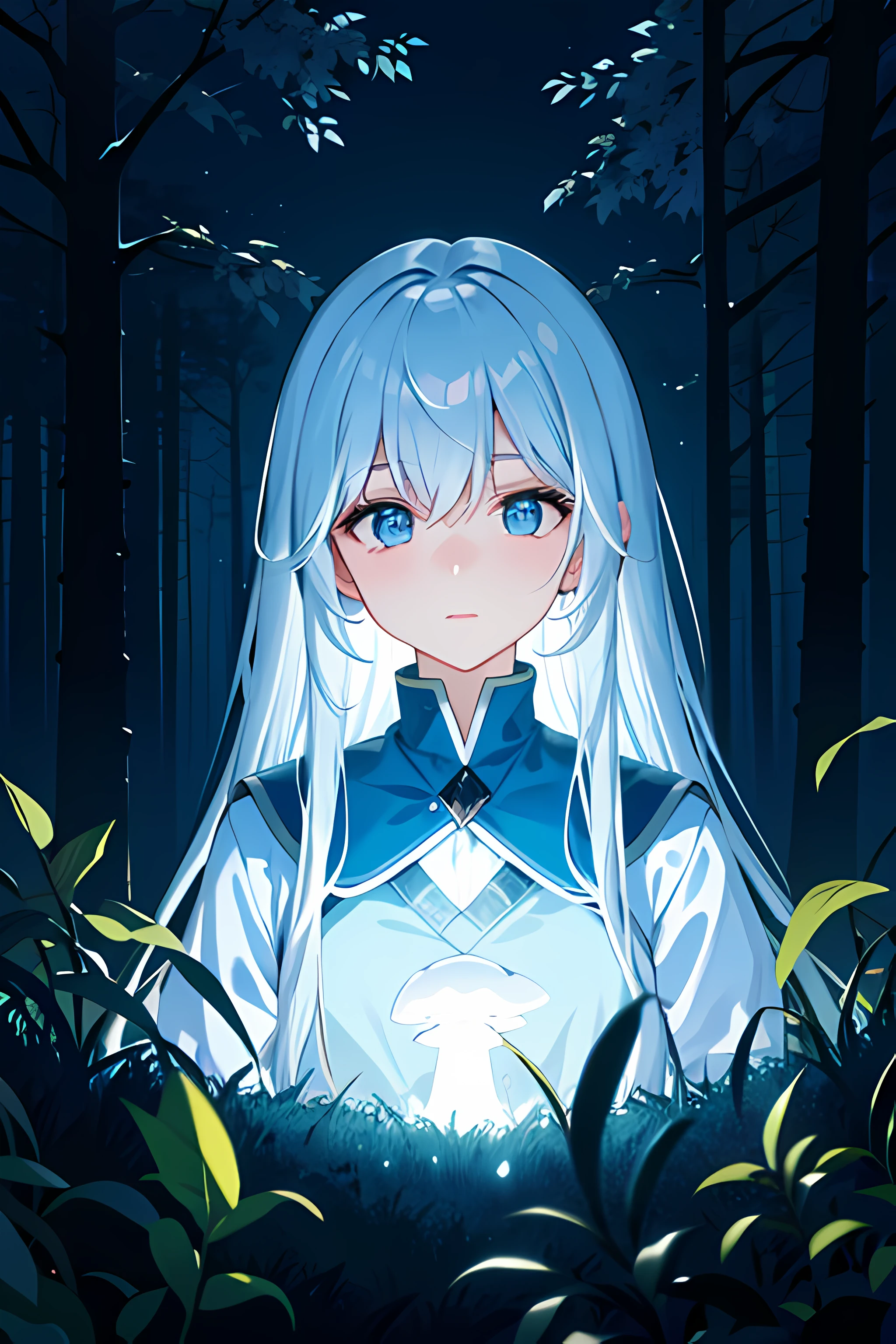 (best quality,4k,highres,masterpiece:1.2),ultra-detailed,long white hair,scientist,forest,bioluminescent mushroom,detail-focused face,gazing into the viewer's eyes,vivid colors,soft and warm lighting,mysterious atmosphere,scientific equipment,curiosity,innovation,exploration,endless trees in the background,magical glow,silhouette of other creatures in the shadows,enchanted world,peaceful silence.