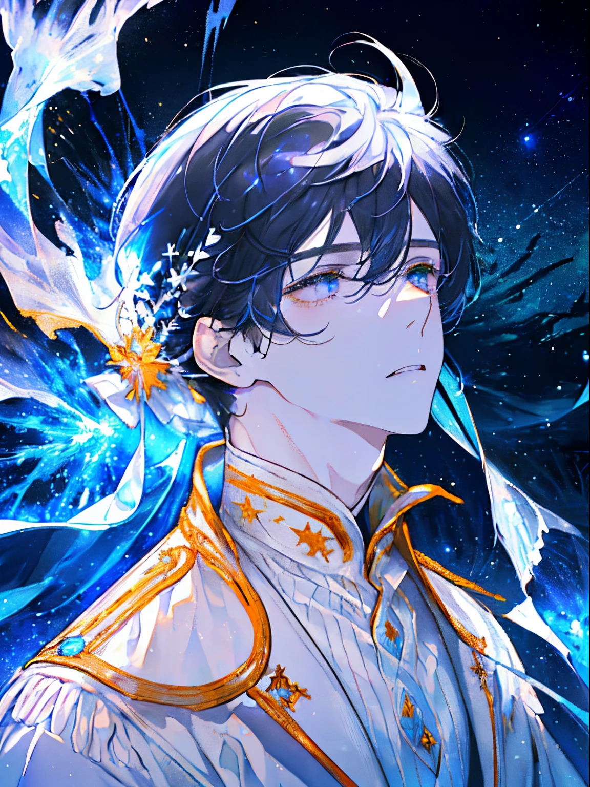 ((A starry sky filled with clear winter air)),(Moon Night),((A forest with fantastic lights)),(wearing a warm white winter coat),((Dark hair)),(Shorthair),((standing with hands in pockets of clothes)),((Looking up at the sky)),(Gaze up),((Light pink eyes)),((my eyes shine in the light)),((yellow and green and pink and orange and blue)),((The exhaled breath is white)),((View from directly below)),(Sad face),(((Adult male))),
