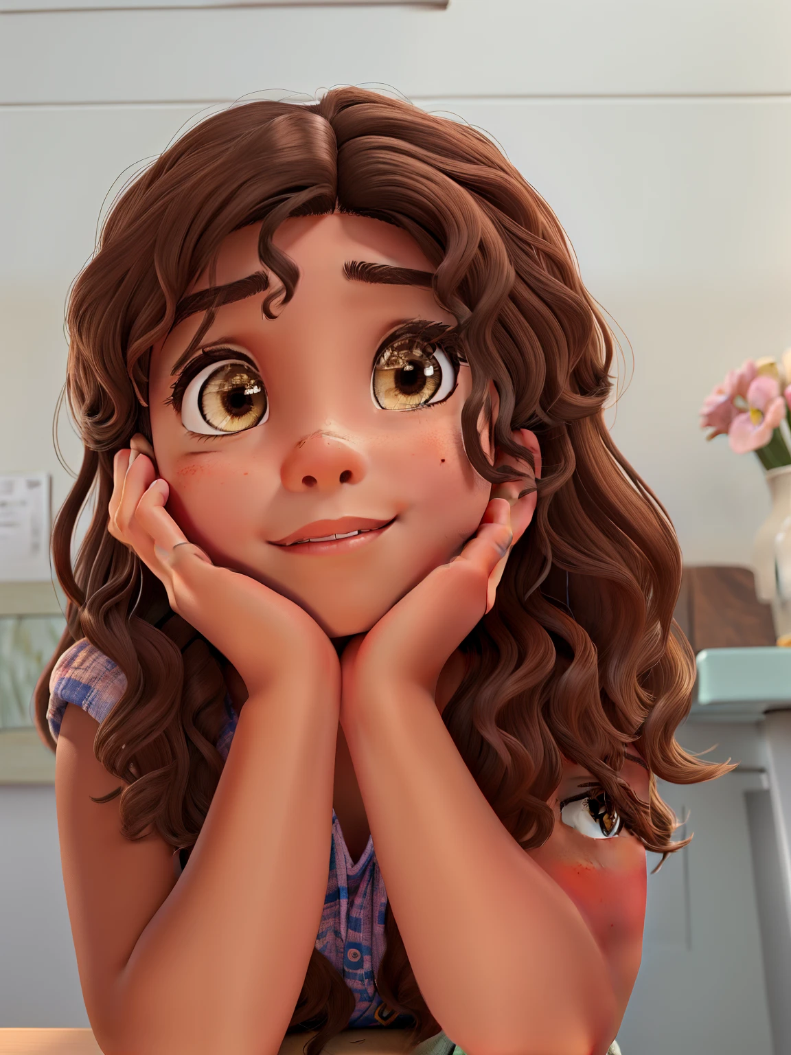 a with dark skin, wavy brown hair, brown eyes