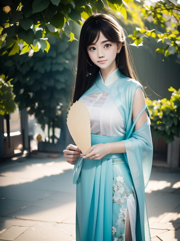 Wearing cyan ancient clothing，Jiangnan water town background，Long-range shots，Hand holding a round paper fan