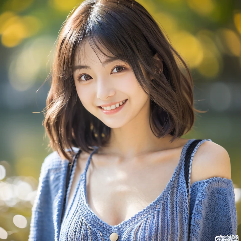 Close up of woman posing for photo, Japanese Models, Beautiful Japan girl, Female, 22 years old, 4K、bangss、A dark-haired、bobhair、Middle hair、(Knitted、Onepiece:1.2),　(Super cute face in idol style:1.2)、slim and beautiful figure、Beautiful breasts、A smile、college aged、slightly smaller breasts