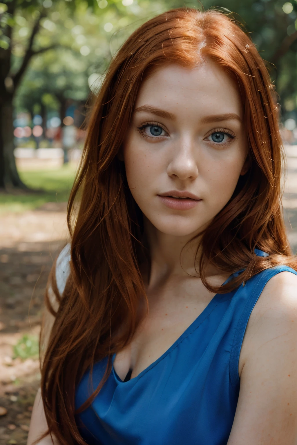 A closeup of a girl with long red hair and blue eyes with a blue dress sitting in the park, foto retrato suave 8k, color photograph portrait 4k, flowing ginger hair, cabelo longo de gengibre ventoso, retrato suave, large eyes and flowing long hair, cinematic portrayal, retrato colorido, cinematic realistic portrait, Redhead Girl, Retrato tirado 8K, Redhead Girl, rosto jovem atraente, modelo feminina, rosto detalhado, Katherine McNamara 8k