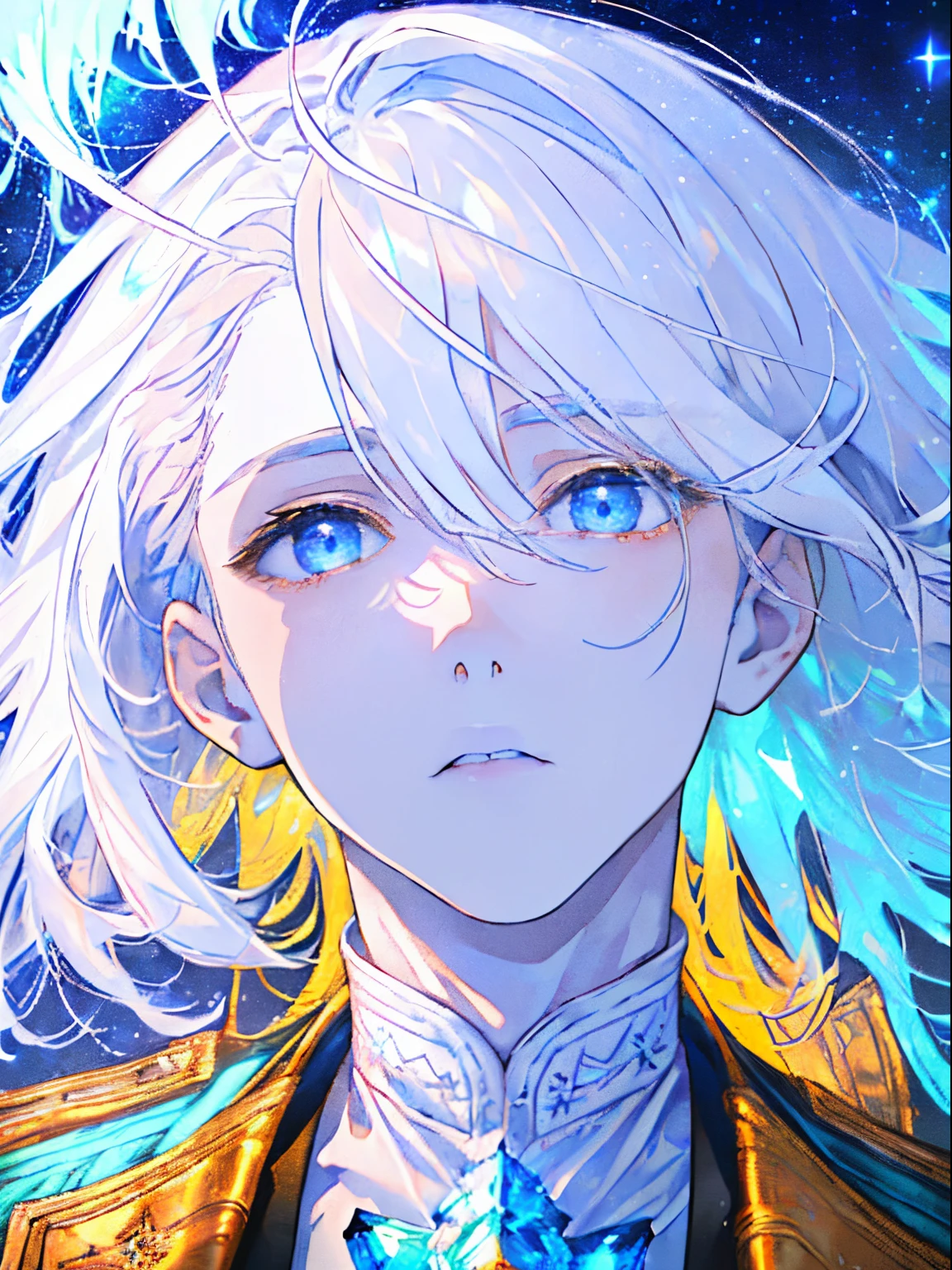 ((A starry sky filled with clear winter air)),(Moon Night),((A forest with fantastic lights)),(wearing a warm white winter coat),((Dark hair)),(Shorthair),((standing with hands in pockets of clothes)),((Looking up at the sky)),(Gaze up),((Light pink eyes)),((my eyes shine in the light)),((yellow and green and pink and orange and blue)),((The exhaled breath is white)),((View from directly below)),(Sad face),(((Adult male))),