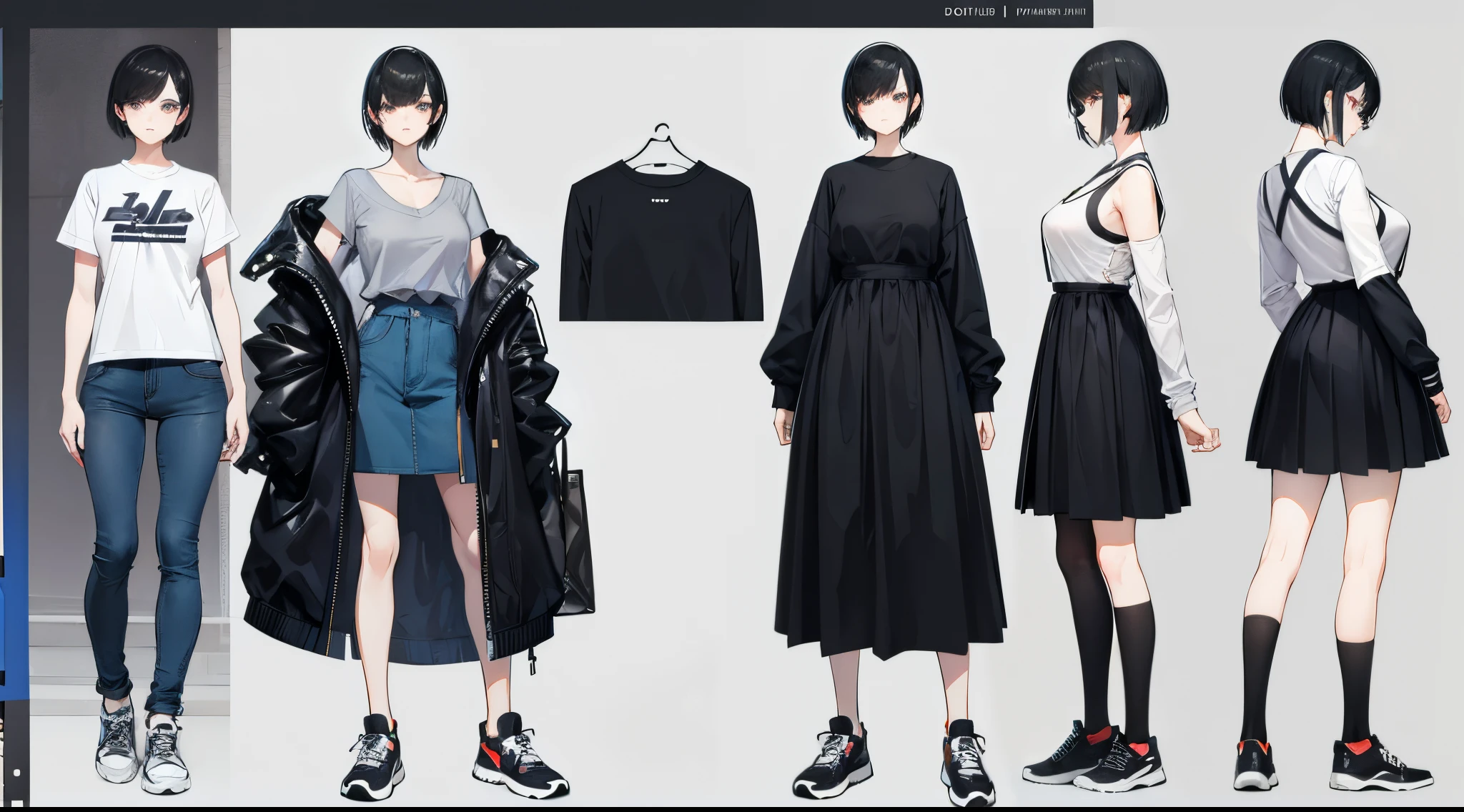 woman, tall and slender , casual fashionable clothes, short black pixie cut hair, character design sheet, sneakers. different poses, different angles, front and side view