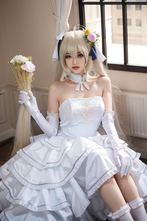 Best quality at best, quality, tmasterpiece, (realisticlying:1.4), 1个Giant Breast Girl, Kasugano Sora, Long white hair, dual horsetail, shairband, hair adornments, wedding outfit, gloves on the elbow, wedding gown, Raise your legs, Permanent, full bodyesbian, looking at viewert, detailedbackground, Indoors, luxury decorations, janelas, dramatic lights,