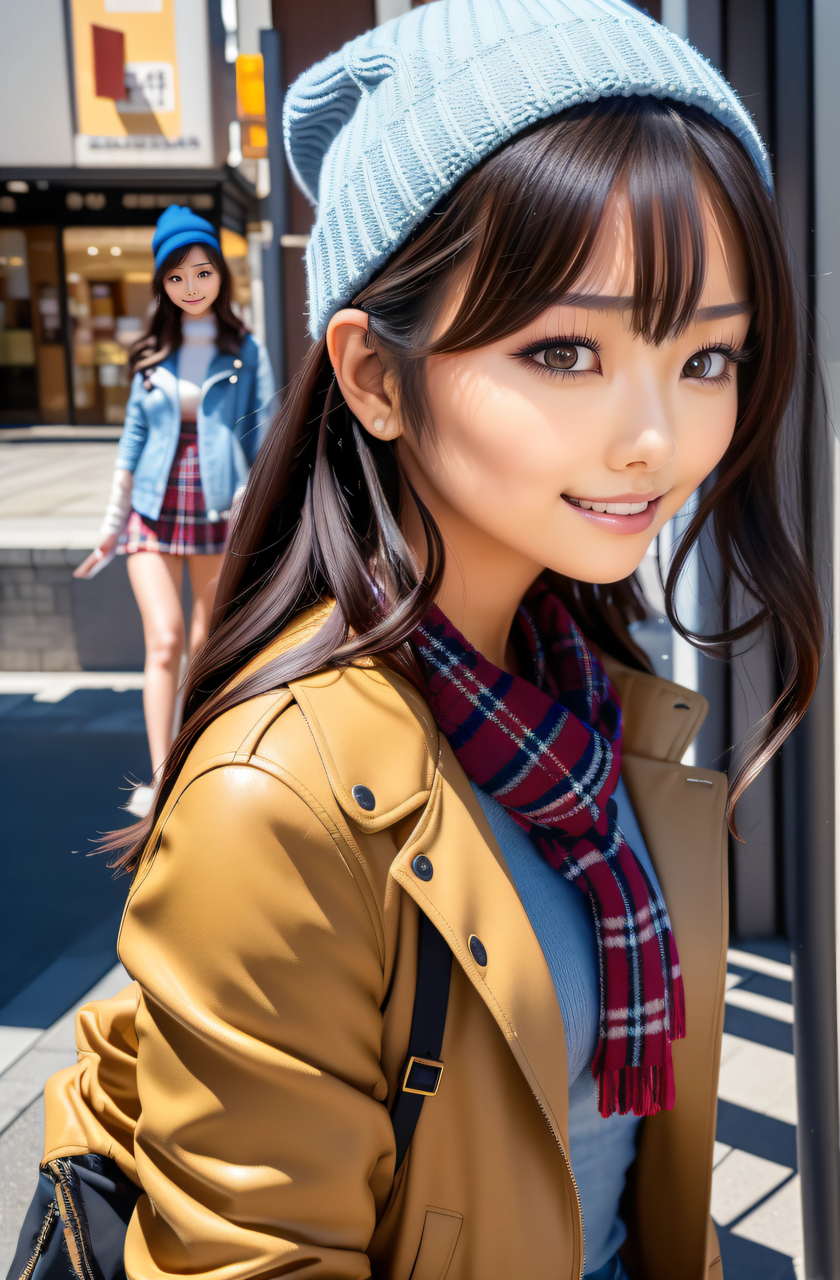 depth of fields, A detailed eye, a picture, ((Face Focus)), ((masterpiece)), ((8K)), ((ultra-detailliert)), ((An ultra-high picture quality)), ((Cinematic)), ((Photorealsitic)), ((up close shot)), (独奏), (Handsome Girl), Very long hair, Dark hair, (((Thin body))), (Wave hair), Glossy skin, ((Looking away)), (Beautiful girl with high cheeks and legs), (Blouson jacket), knit hat, skinny pants, heel, Tartan Scarf, Turn around, Edgy makeup, lipsticks, without makeup, A smile, Embarrassing, Tying hair, (walk in a beautiful city), shopping, Prada, TOKYOcty, japanes