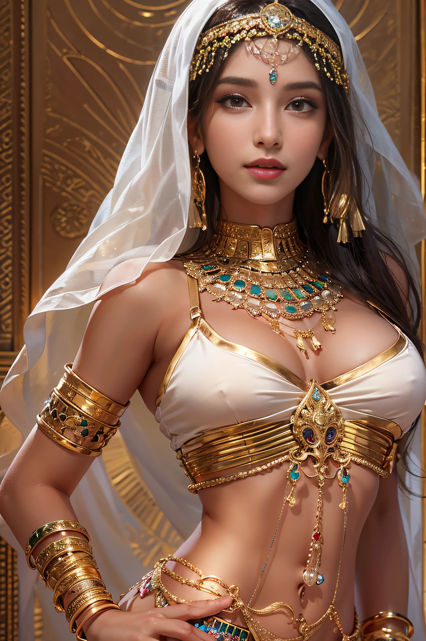 A sexy mature arab woman,Arabic dancers,Gorgeous dance costumes,platinum gold clothing,in ancient egyptian palace,ancient egyptian decorated palace,(An extremely delicate and beautiful work:1.2)a very beautiful and sexy woman, Sexy and seductive, Have perfect body proportions,Tight and sexy body(Bigboobs)Perfect body curves,Moisturizes skin,clear skin texture,moist skin feeling(Advanced skin details:1.1)attractive smile,Flawless Face,black long straight hair,clear hair texture,Delicate hair(Quality hair details:1.1)Arabic dancer costume,Beautiful and delicate eyebrows and eyelashes,pretty eye makeup,Clear eye details,8K (Advanced eye detail:1.1)Sensual lips(Perfect lip shape)(seduct smile) The optimal ratio of four fingers and one thumb,Wearing gold earrings,golden necklace,Golden bangles,Gold anklet,Gold-tone waist chain,Gold foil series,Arabic dancers,Master of photography,Perfect masterpiece,Best Picture Quality,ultra - detailed, 超高分辨率, realistically, RAW photos