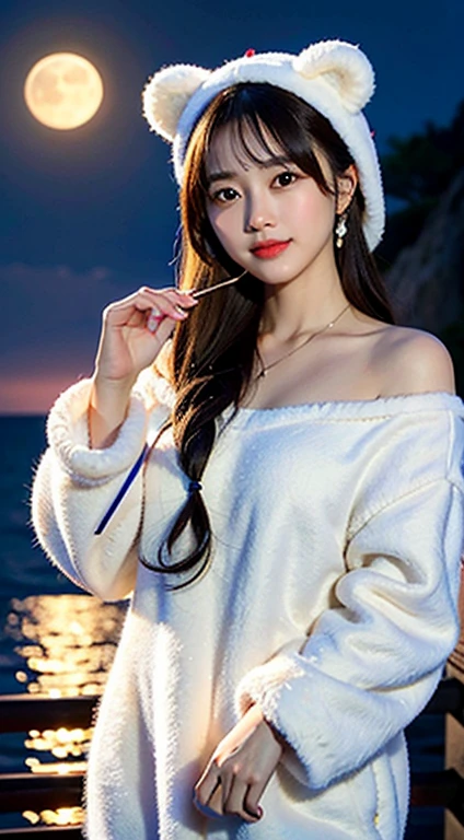 4K、8K、Best Quality、Extremely detailed、Finely detailed、hightquality、ighly detailed、Super masterpiece、ultra-detailliert、超A high resolution、Super mass、One woman is a very cute Japanese woman.:1.2、Bear costume:1.2、Romantic moonlit beach、spot light