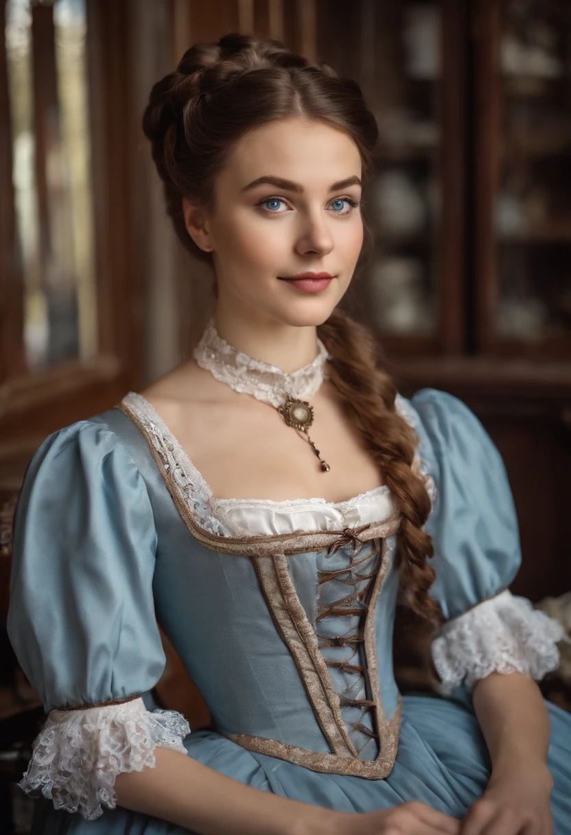 A young woman from Northern Europe, 18 years old, light blue eyes, happy, cute face, white skin, brown hair, ponytail haircut, eyeliner, thin nose, wearing a Victorian dress from 19th century, room in the background, amateur selfie, amateur selfie quality, steampunk